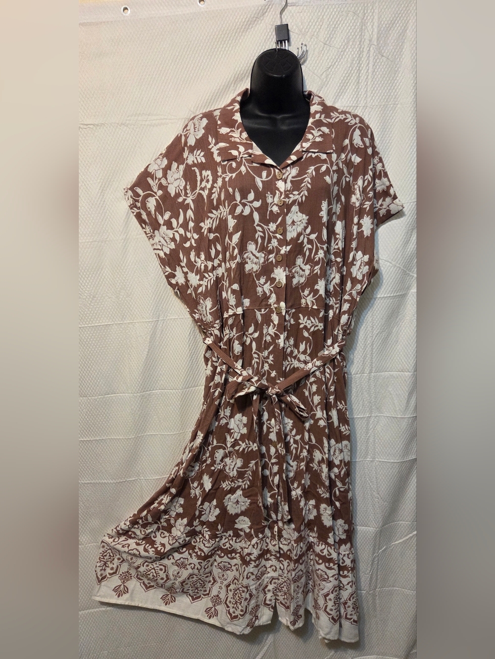Brown Floral Button-Front Midi Dress with Tie Waist
